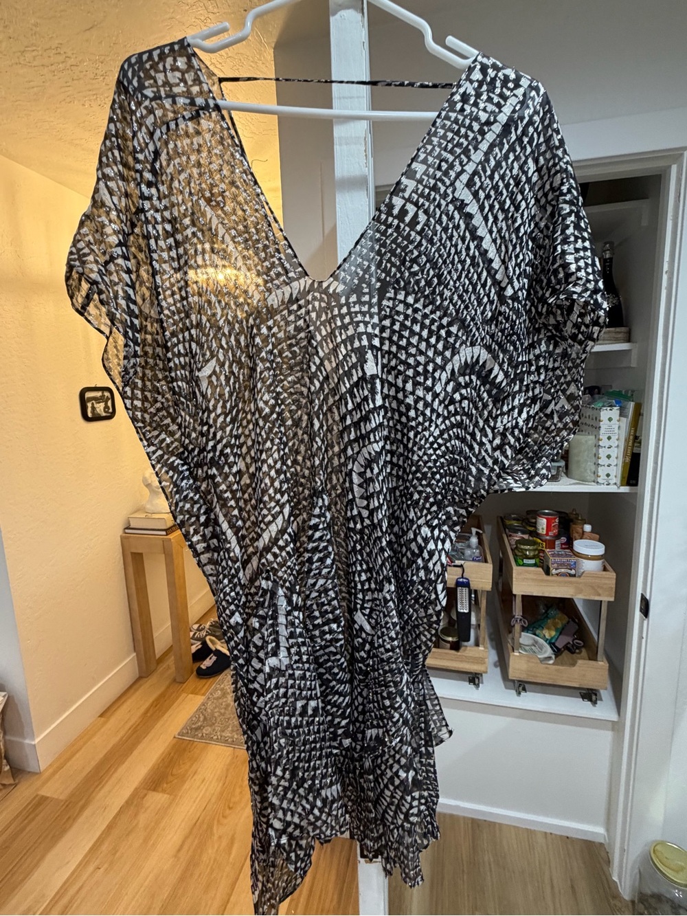 Silk Black & White Patterned Sheer V-Neck Cover-Up